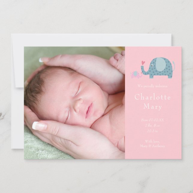 Baby Girl Foto Pink Polka Dot Elephants Birth Ankündigung (Vorderseite)