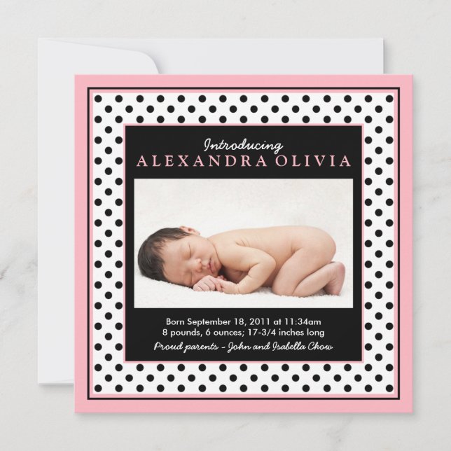 Baby Girl Foto Polka Dot Birth Ankündigung (Vorderseite)