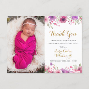 Baby Girl Foto-Skript Danke Blumen Geburt Ankündigungspostkarte