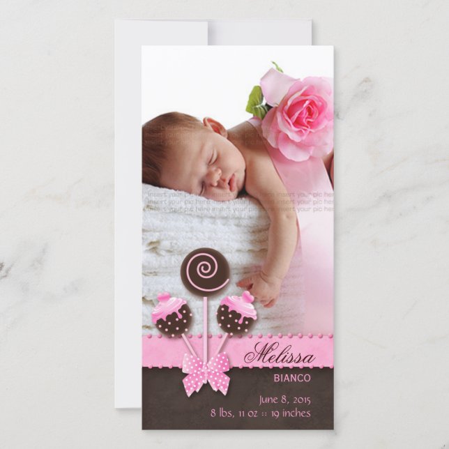 Baby Girl Fotokarte Ankündigung Cake Pops Pink (Vorderseite)
