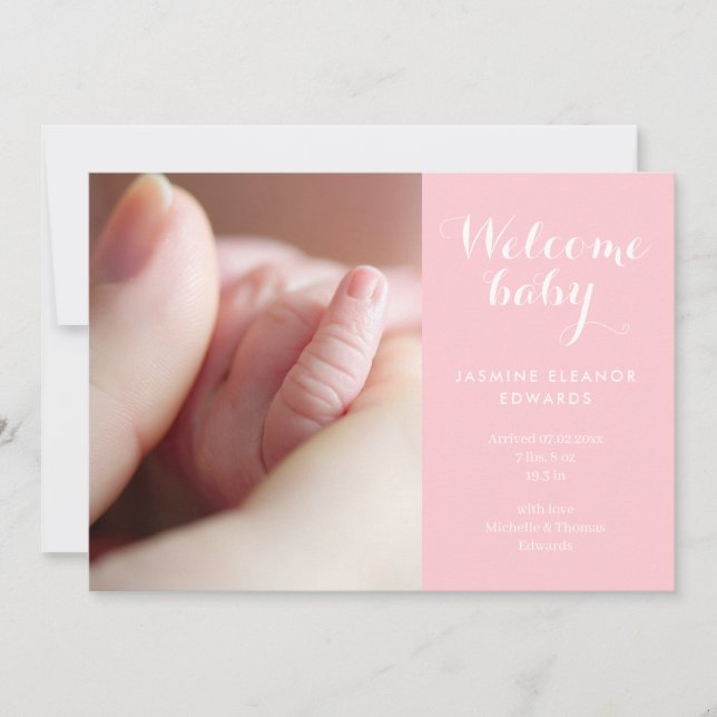 Baby Girl Fotos Monogram Pink Script Birth Ankündigung (Vorderseite)