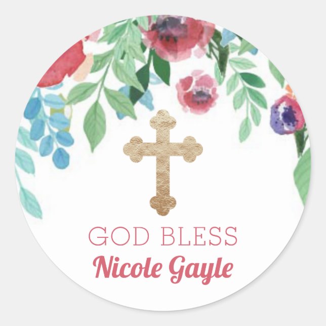 Baby Girl Gold Cross Taufe Gunst Blume Runder Aufkleber (Vorderseite)