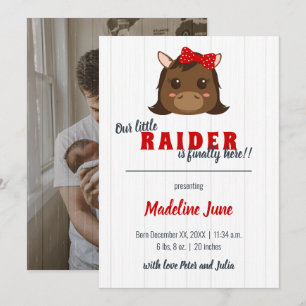 Baby Girl Horse Red Vertical Birth Ankündigung