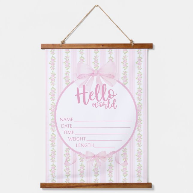 Baby Girl Hospital New Baby Ankündigung Tür Wandteppich Mit Holzrahmen (Vorderseite)