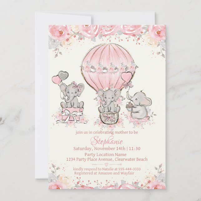 Baby Girl Hot Air Ballon Dusche Einladung (Vorderseite)
