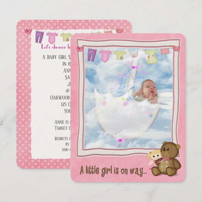 Baby Girl in der Regenschirmdusche Einladung (Vorne/Hinten)