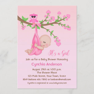 Baby Girl in Tree, Pink, Baby Dusche Einladung