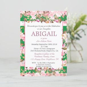 Baby Girl Jewish Naming Floral Green Pink Hebrew Einladung