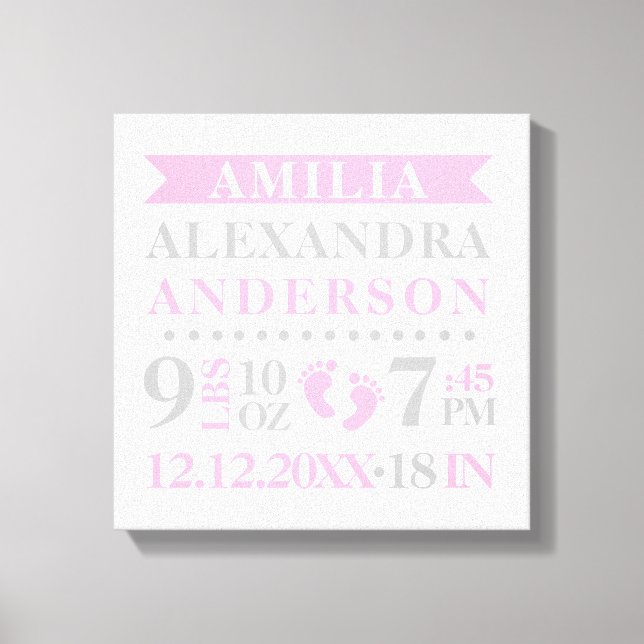 Baby Girl Kinderzimmer Room Birth Stats Keepake Leinwanddruck (Vorderseite)