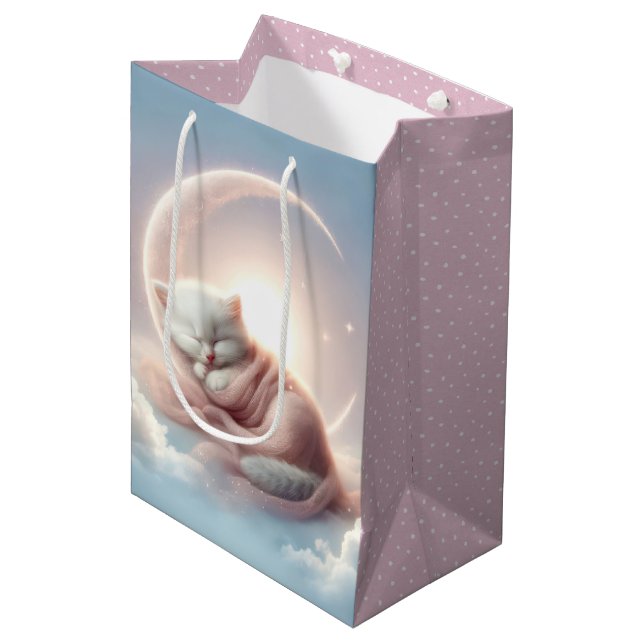 Baby Girl Kitten auf einem Halbmond Mittlere Geschenktüte (Vorderseite Schrägansicht)