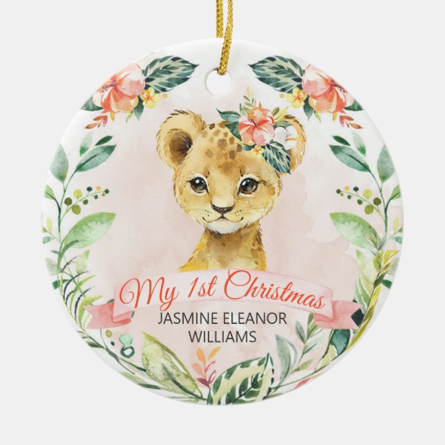 Baby Girl Lion Cub Individuelle Name Keramik Ornament (Vorne)
