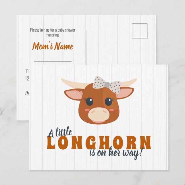 Baby Girl Longhorn Burnt Orange Babydusche Einladungspostkarte (Vorne/Hinten)