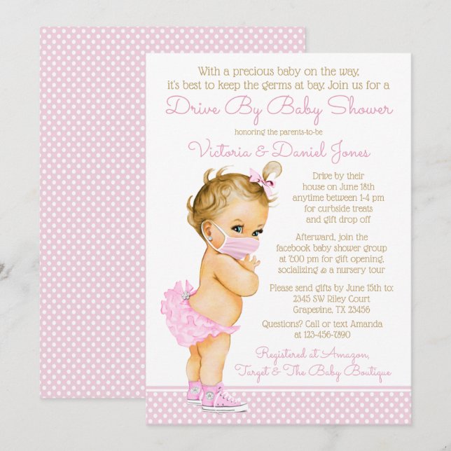 Baby Girl mit Maskenantrieb mit Babydusche Einladung (Vorne/Hinten)