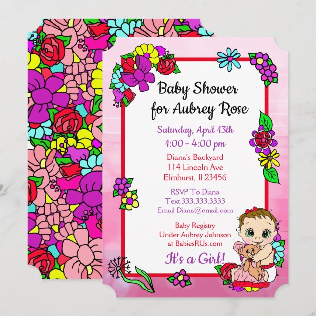 Baby Girl mit Teddy Bear Pink Baby Dusche Einladung (Vorne/Hinten)