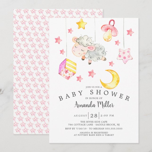 Baby Girl Mobile Lamb Babydusche Einladung (Vorne/Hinten)