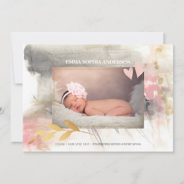 Baby Girl Modern Gold Gray Pink Birth Ankündigung (Vorderseite)