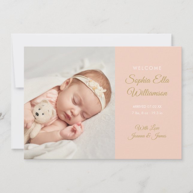 Baby Girl Modern Gold Script Foto Birth Ankündigung (Vorderseite)