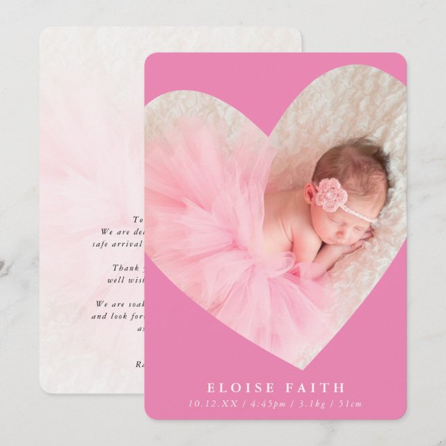 BABY GIRL Modernes Foto niedlicher Herzrahmen rosa Einladung (Vorne/Hinten)