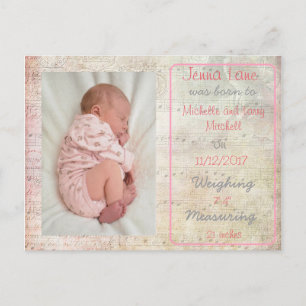 Baby Girl Musical Notes Birth Announce Postcard Ankündigungspostkarte