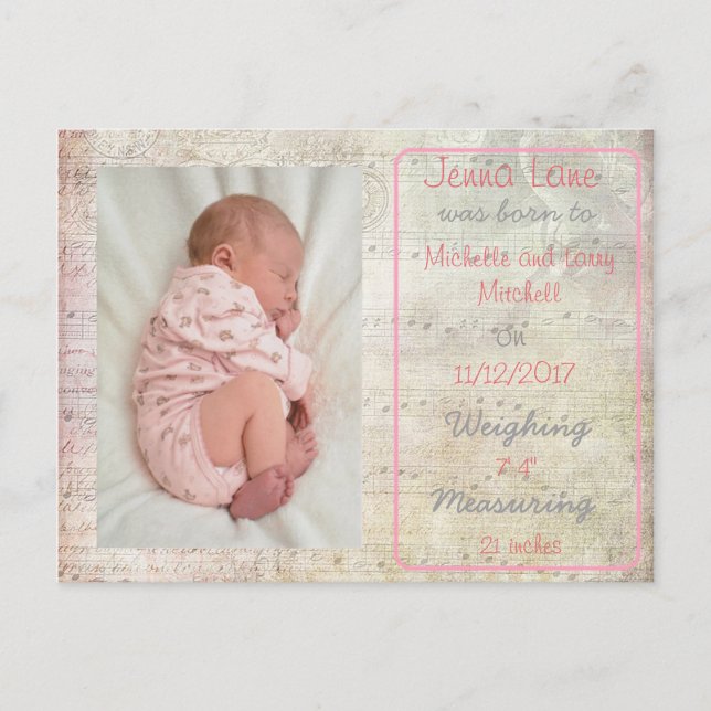 Baby Girl Musical Notes Birth Announce Postcard Ankündigungspostkarte (Vorderseite)