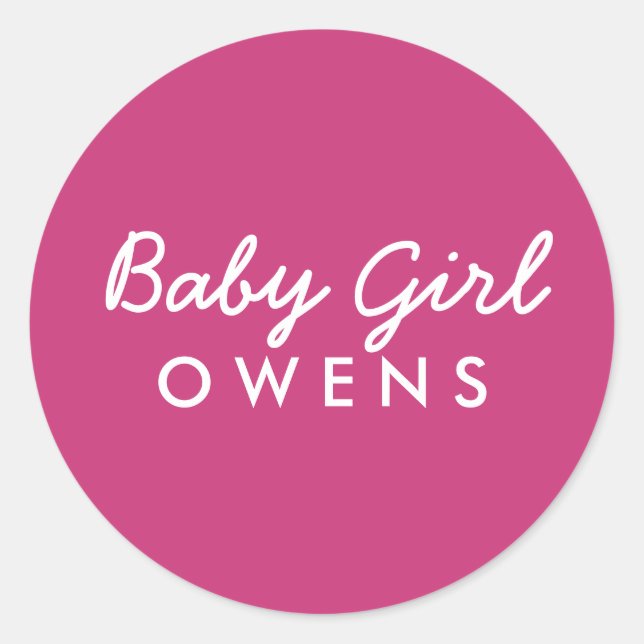 Baby Girl Nachname Babydusche Aufkleber Pink Weiß (Vorderseite)