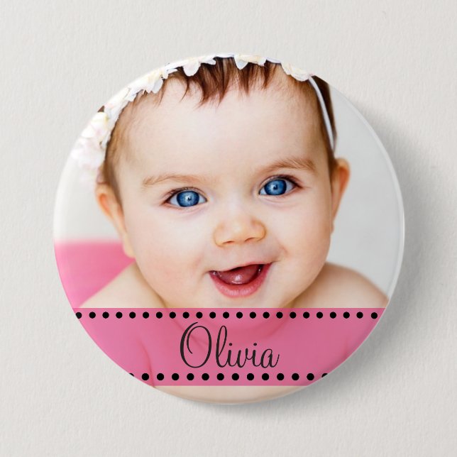 Baby Girl Name and Foto Magnet Pink Personalisiert Button (Vorderseite)