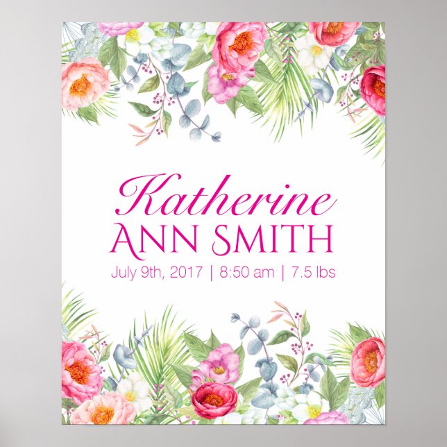 Baby Girl Name Birth Stat Custom Floral Art Poster (Vorne)
