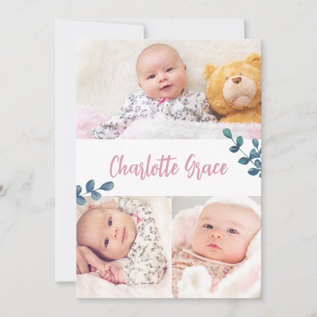 Baby Girl Name Eucalyptus und Pink Custom Fotos Dankeskarte (Vorderseite)