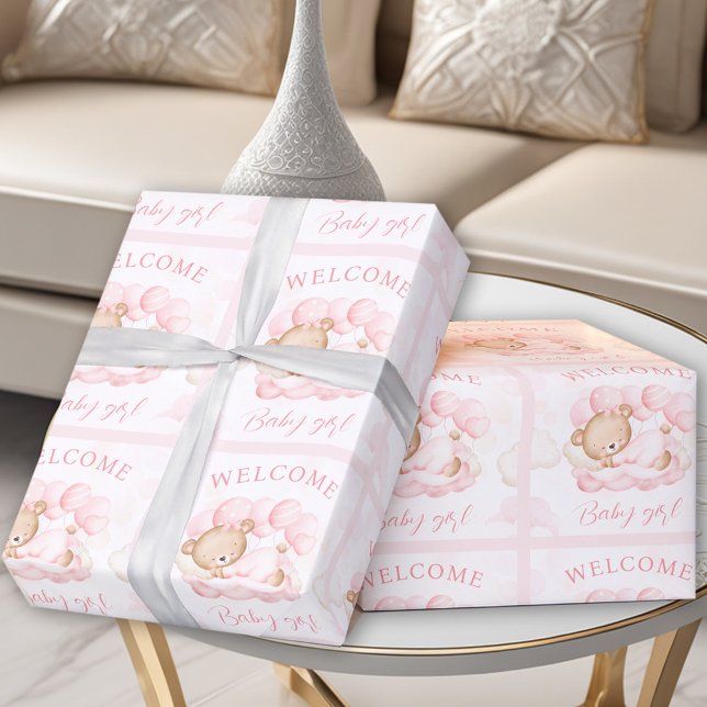 Baby Girl Name Pink Bear Geschenkpapier (Newborn Baby Girl Name Pink Bear Wrapping Paper)