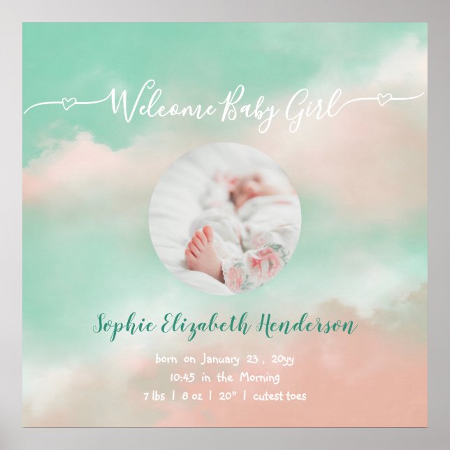 Baby Girl Name Script Birth Stats Newborn Foto Poster (Vorne)