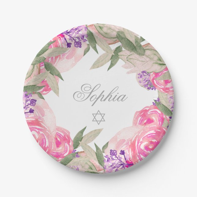 Baby Girl Namemony Zeremonie Hebrew Floral Silver Pappteller (Vorderseite)