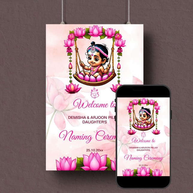 Baby Girl Naming Namkaran Begrüßungszeichen Poster (Baby girl naming cradle namkaran ceremony template welcome sign poster digital download pink lotus)