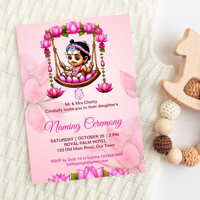 Baby Girl Naming Namkaran Wiege Zeremonie Einladung (Pink lotus baby girl namkaran cradle ceremony Indian baby naming editable template invitation)