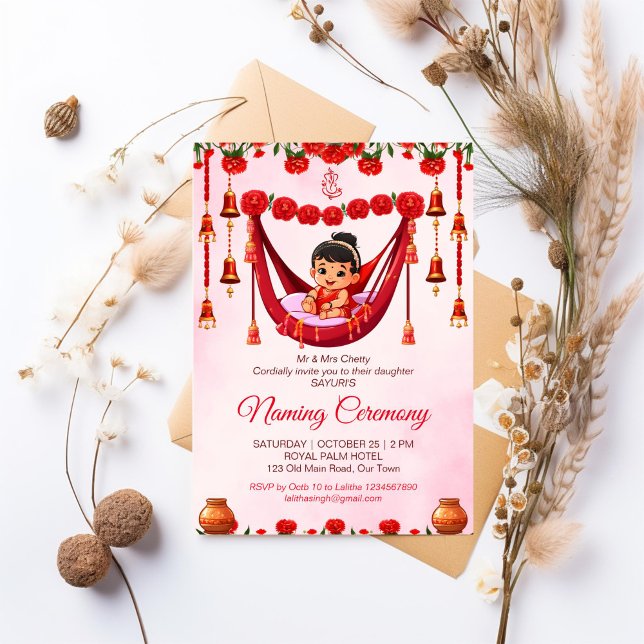 Baby Girl Naming Namkaran Wiege Zeremonie Einladung (Baby Girl Naming Namkaran Cradle Ceremony editable template Invitation cute Indian baby red and gold)