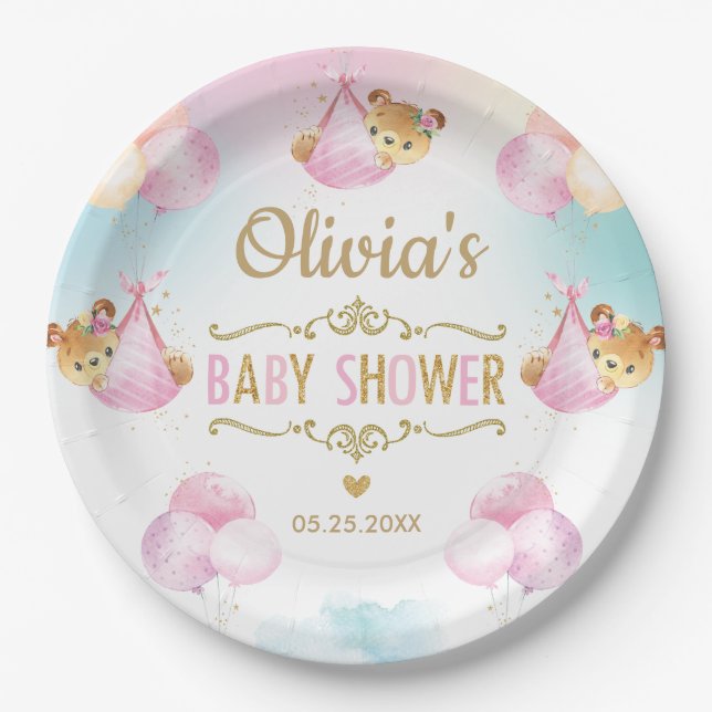Baby Girl Niedlich Bear Balloons Babydusche Pappteller (Vorderseite)