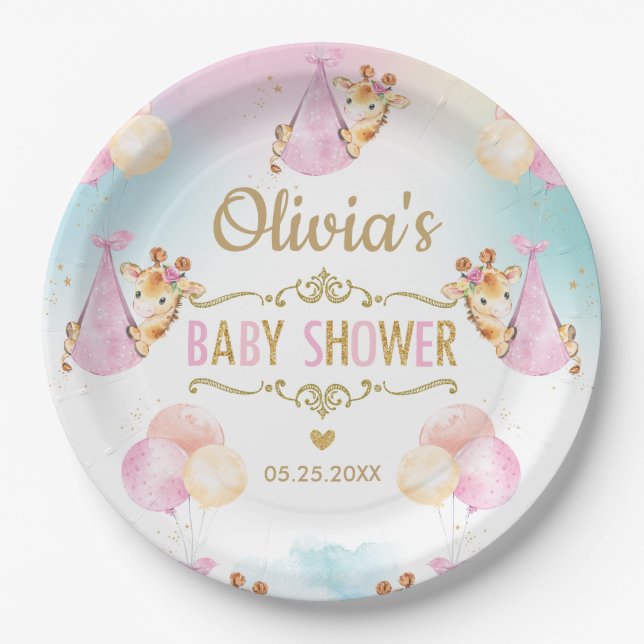Baby Girl Niedlich Giraffe Balloons Babydusche Pappteller (Vorderseite)