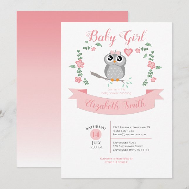 Baby Girl owl bear babyshower Einladung (Vorne/Hinten)