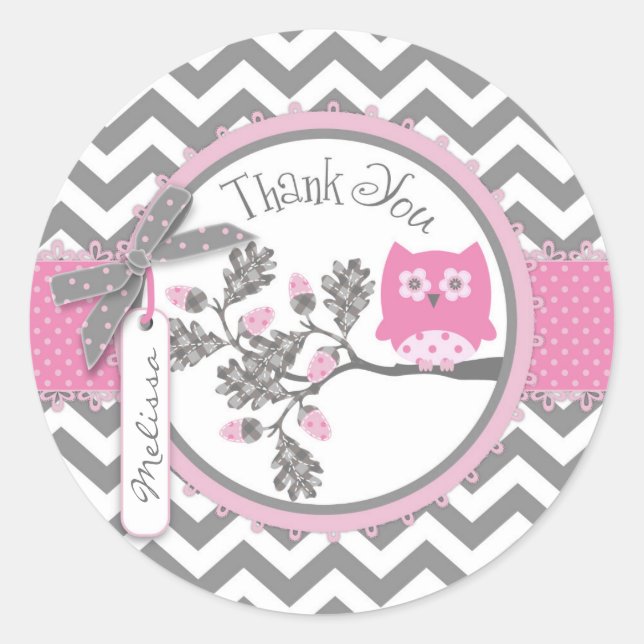 Baby Girl Owl Chevron Imprimer Merci Étiquette (Devant)