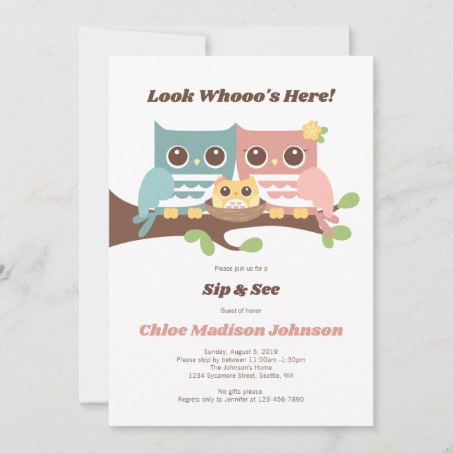 Baby Girl Owl Sip and See Dusche Einladung (Vorderseite)