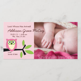 Baby Girl Owl Thema Geburtsankündigung Foto-Karte Ankündigung