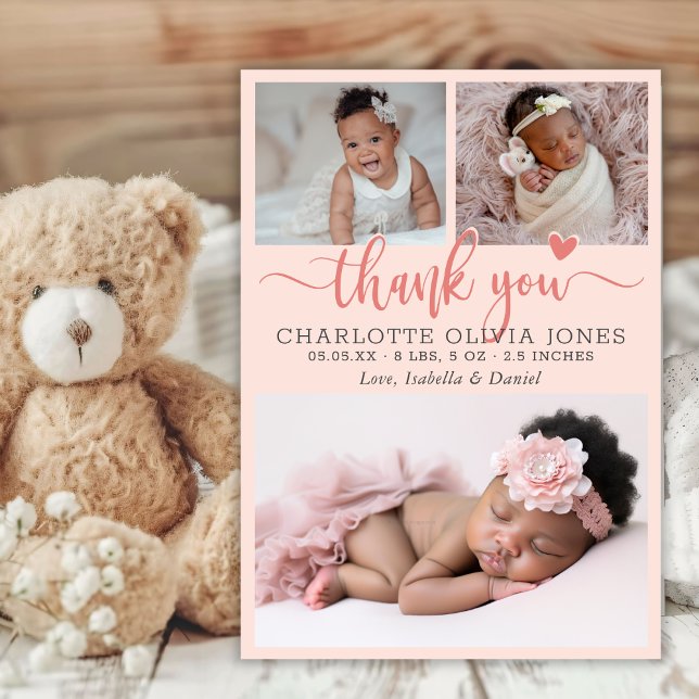 Baby Girl Photo Pink Thank You Script Heart Birth  Ankündigung (Von Creator hochgeladen)