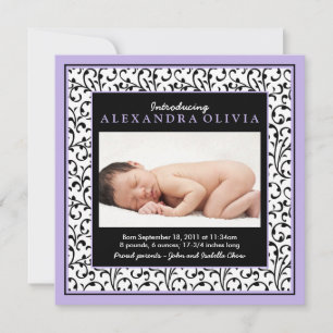 Baby Girl Photo Purple Damask Faire-part de naissa