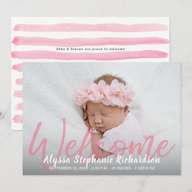Baby Girl Pink 1 Foto Willkommensankündigung Einladung (Vorne/Hinten)
