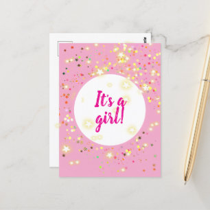 Baby Girl Pink Ankündigung mit Sternen und Lichter Postkarte