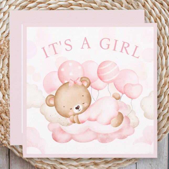 Baby Girl Pink Bear Announccard (Baby Girl Pink Bear Announcement Card)