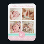 Baby Girl Pink Birth Keepake Personalisiertes Foto Magnet<br><div class="desc">Niedlicher personalisierter Geburtswahn. Mit vier oder Ihren Lieblings-Fotos. Personalisieren Sie es mit Babyname und Monogramm. Rosa und weiße Polka-Punkte-Muster,  Minzgrün Details.</div>