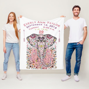 Baby Girl Pink Birth Record Elephant Fleecedecke