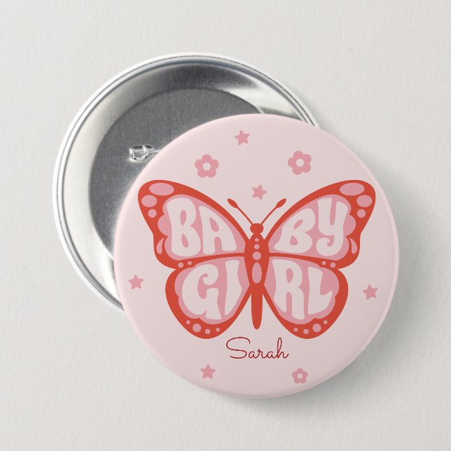 Baby Girl Pink Butterfly Babydusche Button (Vorne & Hinten)