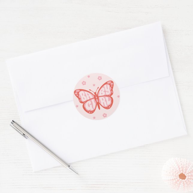 Baby Girl Pink Butterfly Babydusche Confetti Runder Aufkleber (Umschlag)