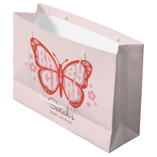 Baby Girl Pink Butterfly Babydusche  Große Geschenktüte (Vorderseite Schrägansicht)